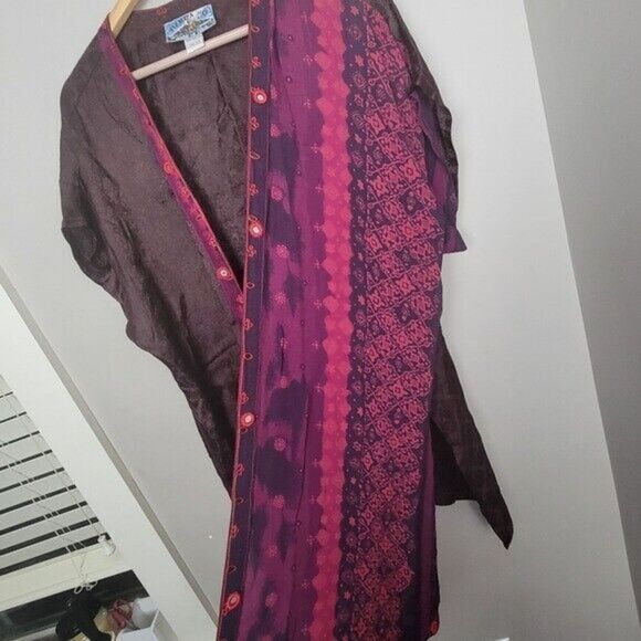 Vintage 90's Long Kimono Tienda Ho Rayon Pink Purple open front Duster One Size - Picture 2 of 4